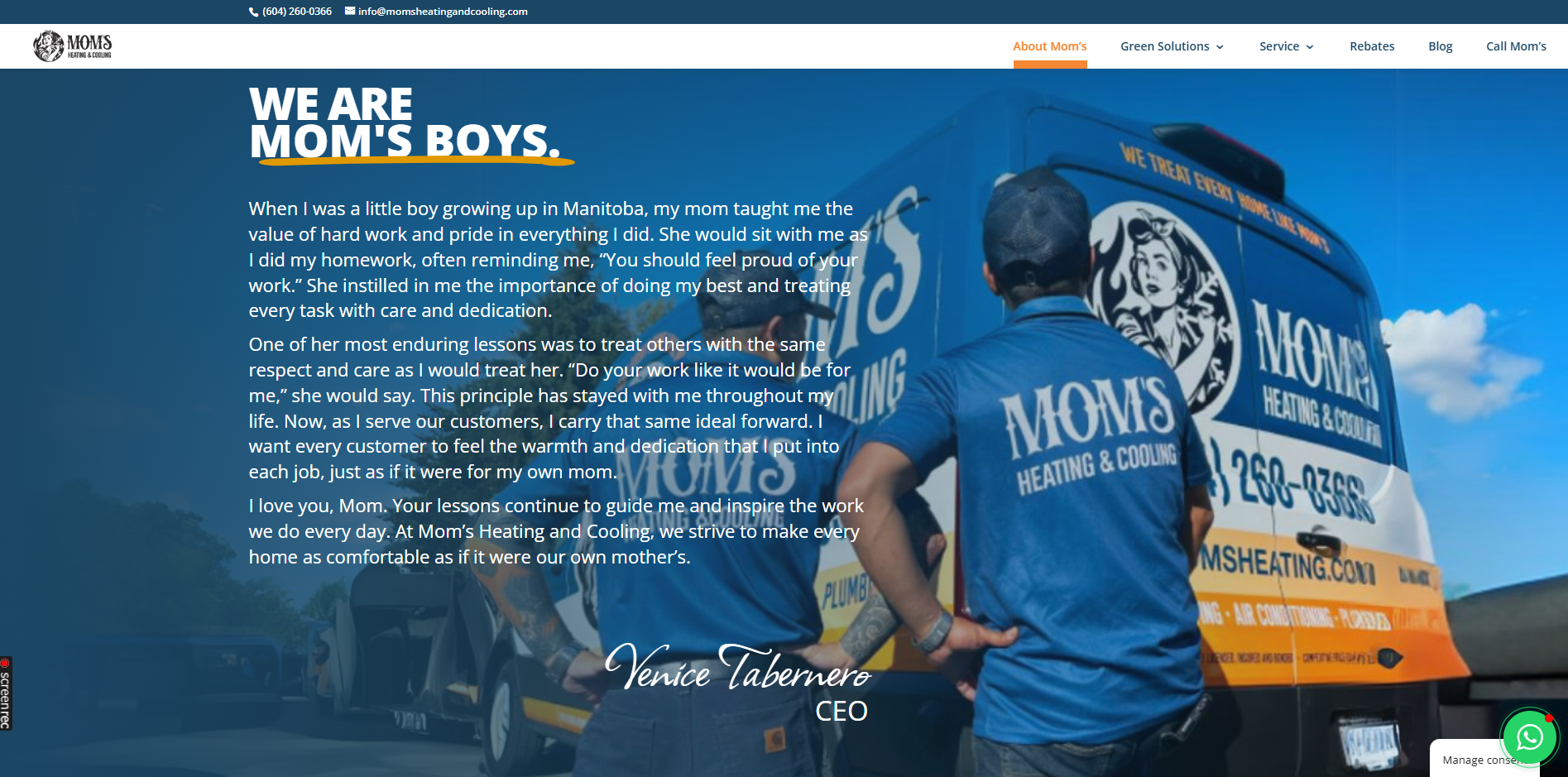 About Mom’s page section titled ‘We Are Mom’s Boys’ with Venice Tabernero’s story text overlaid on a photo of two Mom’s Heating & Cooling technicians standing beside a branded company van.