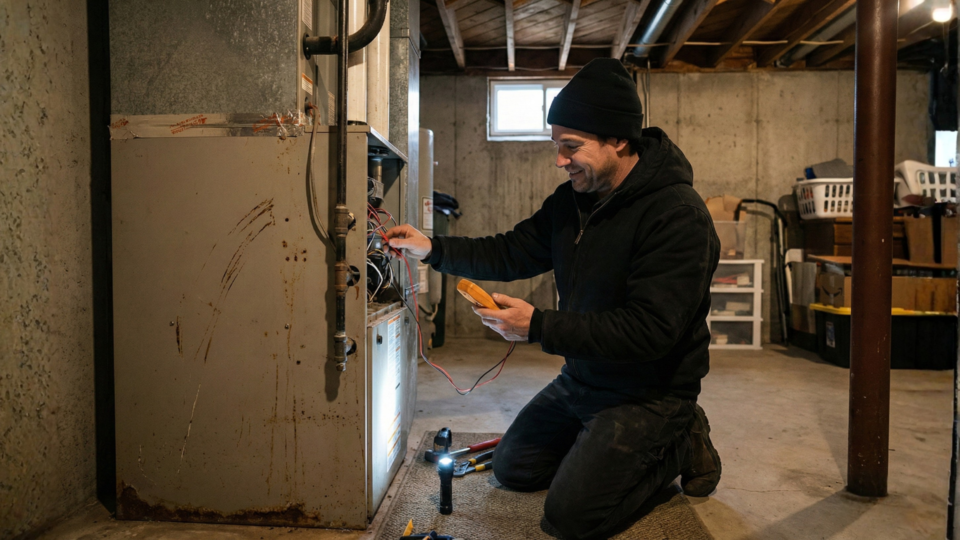 Homeowner examining a malfunctioning HVAC unit during winter, illustrating the urgency of emergency heating repairs